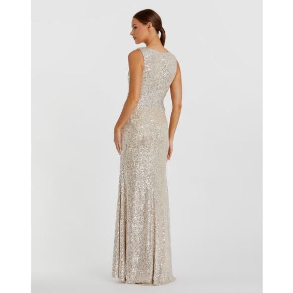 MAC DUGGAL 26598 Nude Silver V-Neck Sequin Wrap Waist Gown NWT size 10 - Picture 2 of 16